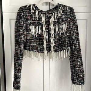 L'atiste tweed cropped Jacket with pearl fringe detail size medium